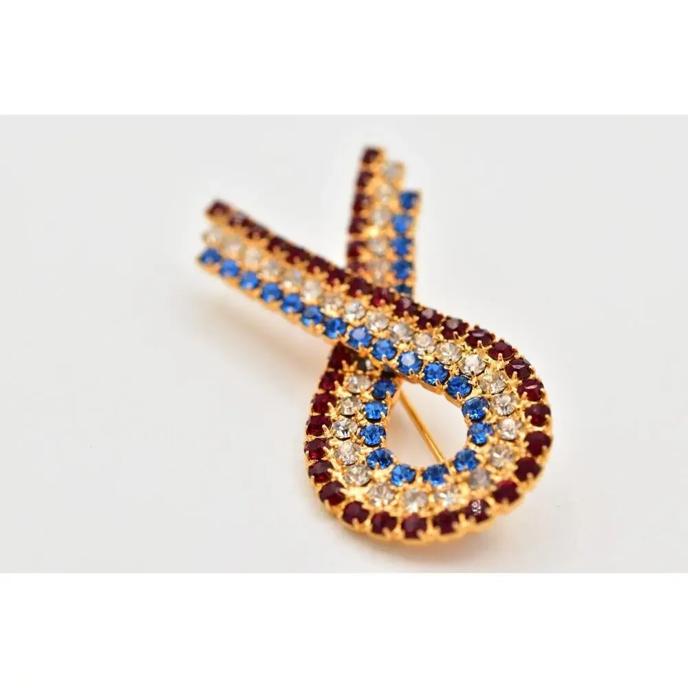 Vintage Crystal Ribbon Bow Pin Brooch Red Blue Crystal Flag Patriotic USA BinBG